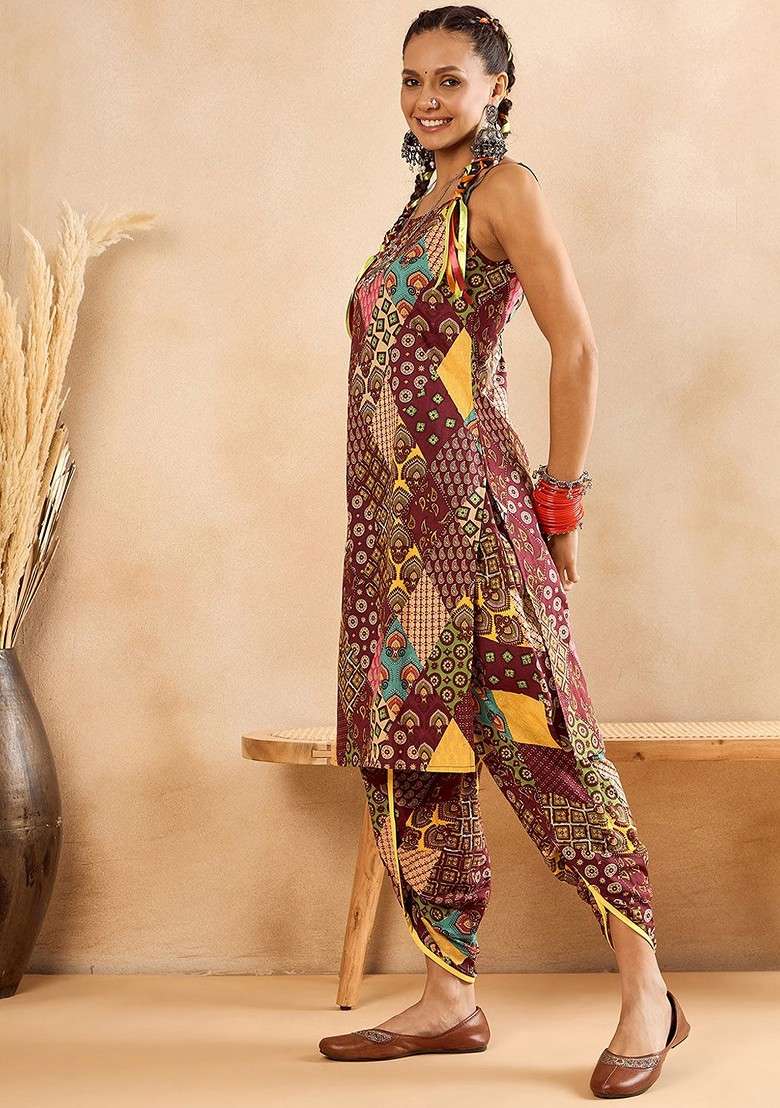 Maroon Embroidered Cotton Punjabi Suit - Indya