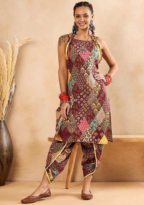 Maroon Ethnic Motifs Printed Shoulder Straps Pure Cotton Straight Kurta With Dhoti Pant