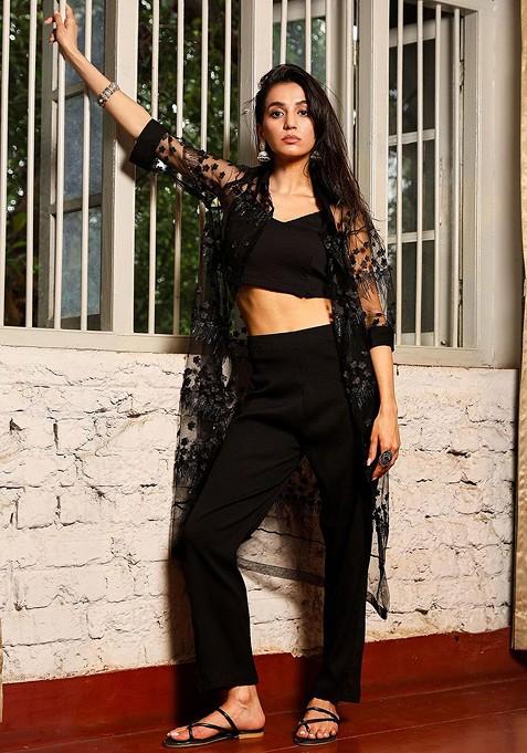 Black Vneck Top With Trouser And Shrug