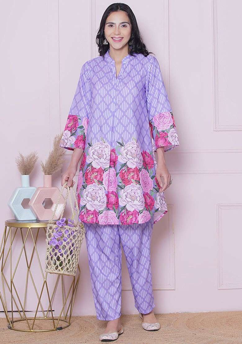 Purple Floral Printed Mandarin Collar Tunic With Trousers - Indya