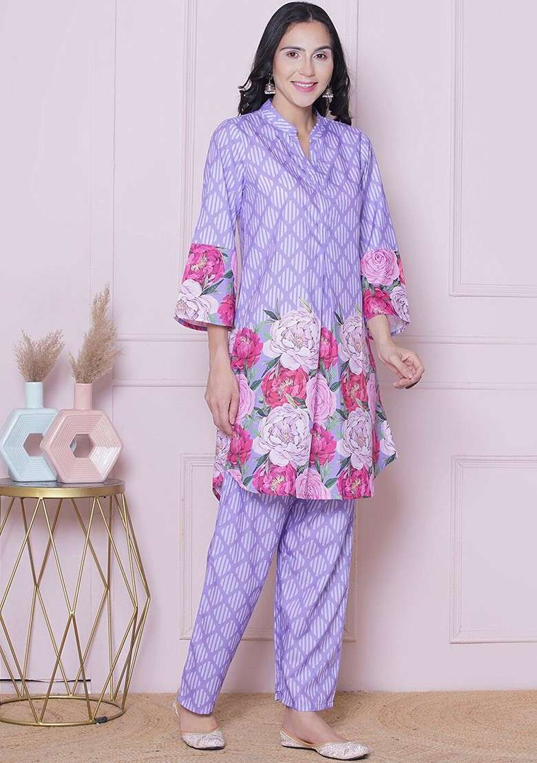 Purple Floral Printed Mandarin Collar Tunic With Trousers - Indya