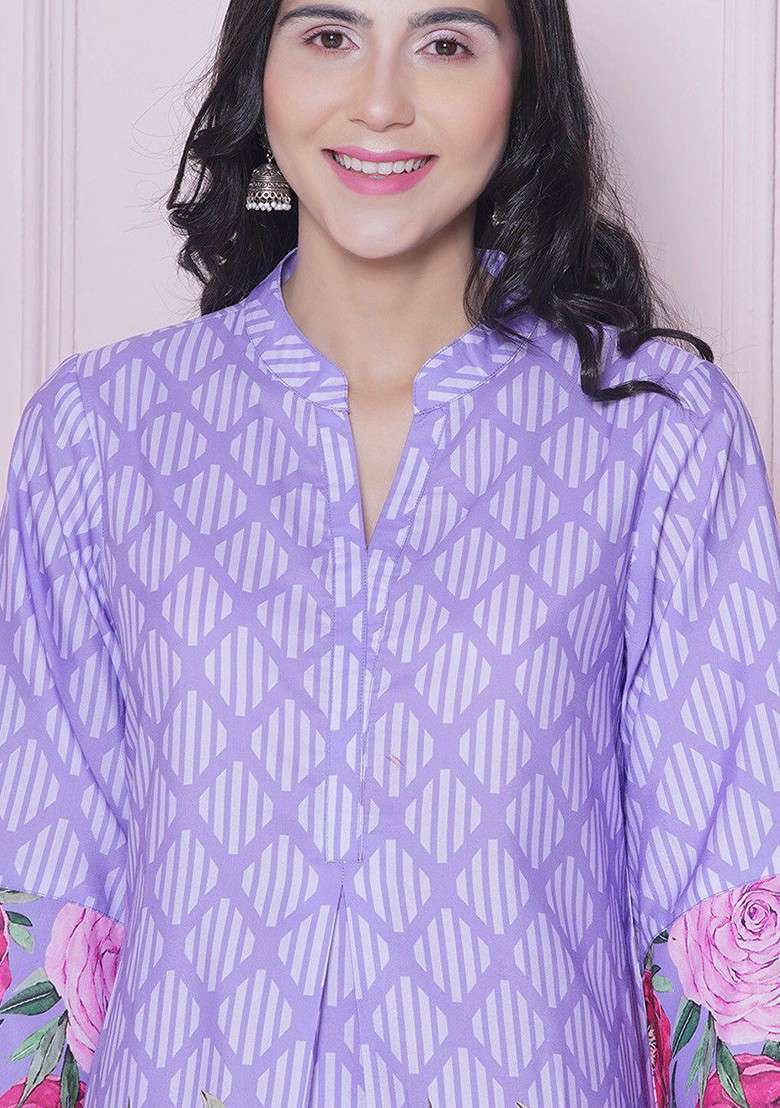 Purple Floral Printed Mandarin Collar Tunic With Trousers - Indya