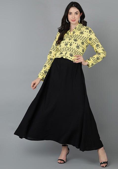 Yellow Printed Top And Skirt Coords Set