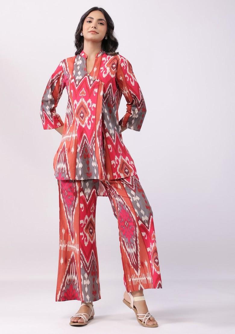 Pink Ethnic Motifs Printed Mandarin Collar Tunic With Palazzos