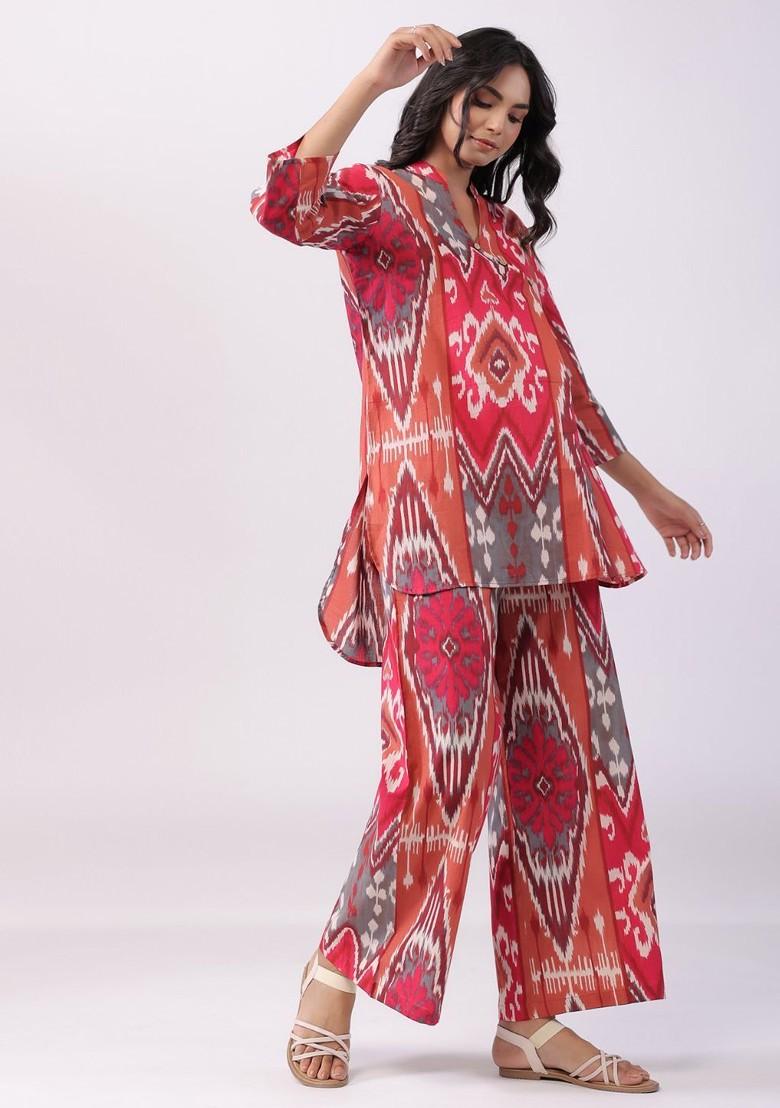 Pink Ethnic Motifs Printed Mandarin Collar Tunic With Palazzos
