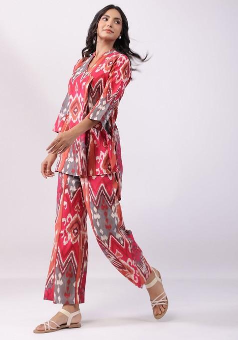 Pink Ethnic Motifs Printed Mandarin Collar Tunic With Palazzos