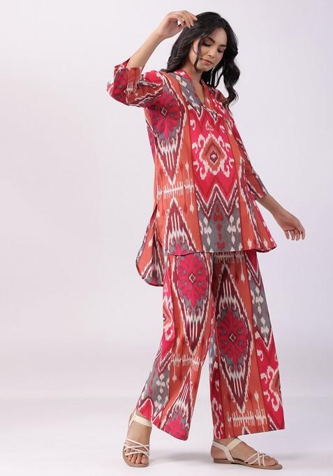 Pink Ethnic Motifs Printed Mandarin Collar Tunic With Palazzos