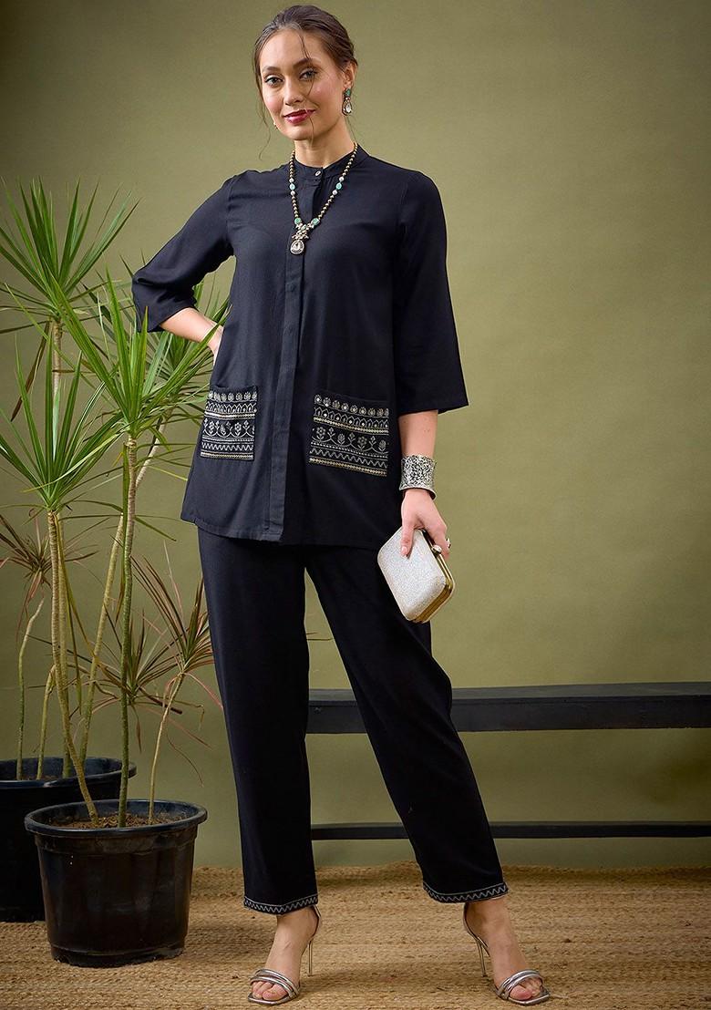 Black Black Embroidered Shirt With Palazzos Coords - Indya