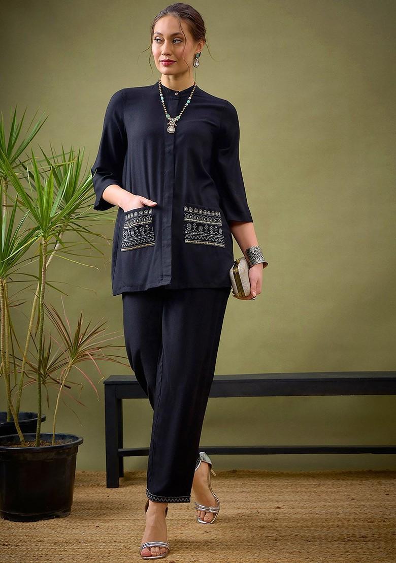 Black Black Embroidered Shirt With Palazzos Coords - Indya