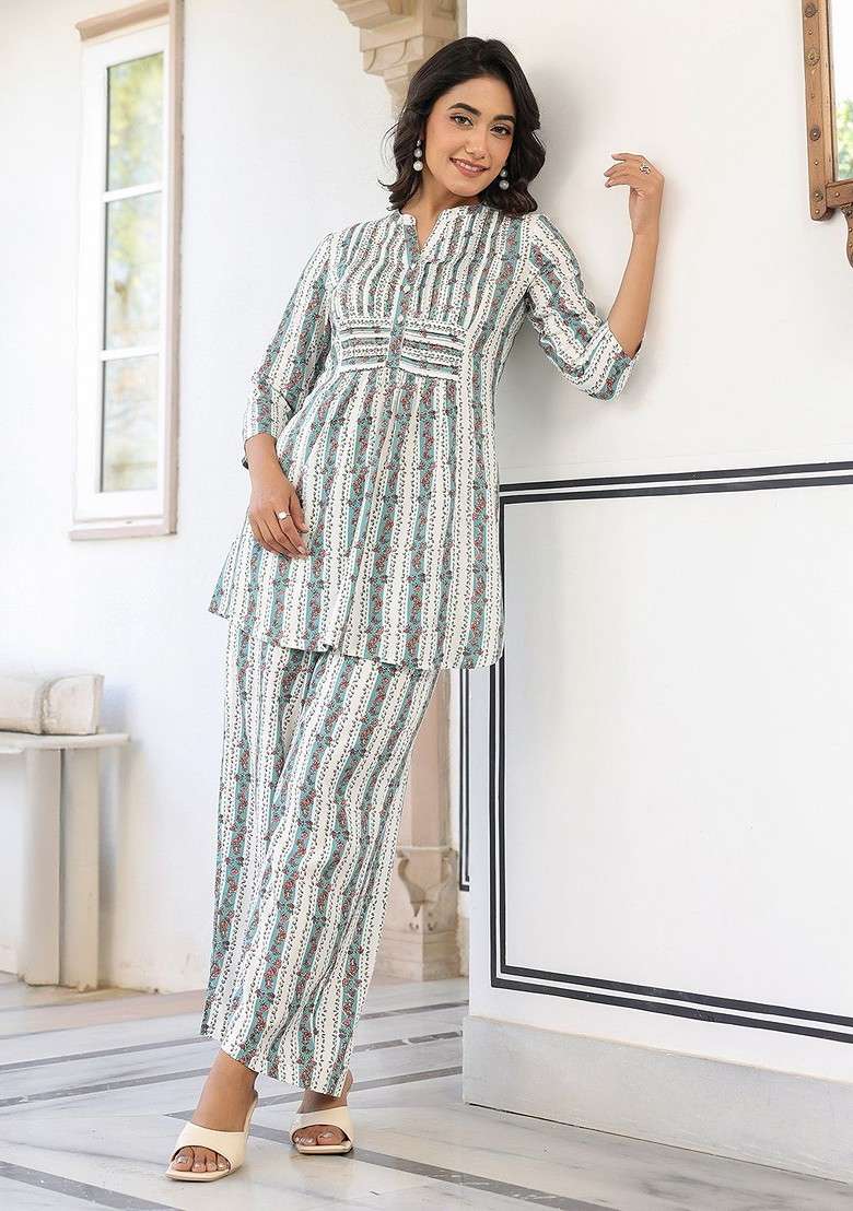 White Pure Cotton Floral Printed Aline Coord Set - Indya