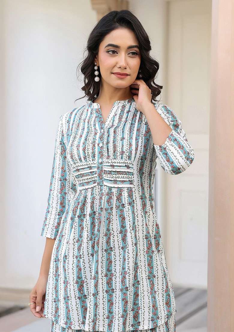 White Pure Cotton Floral Printed Aline Coord Set - Indya