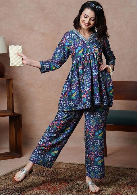 Purple Embroidered Vneck Printed Faux Shell Aline Alia Cut Tunic And Trousers Coords