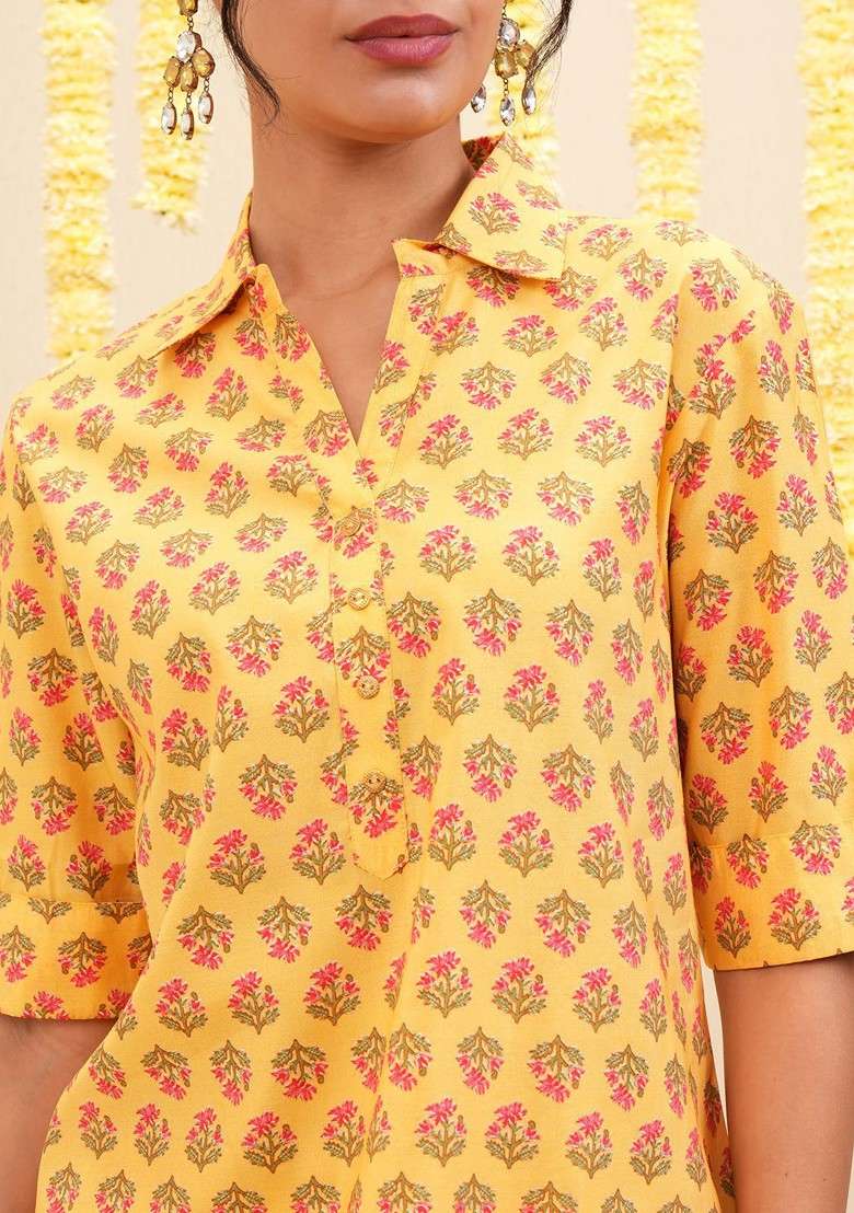 Mustard Mustard Floral Printed Shirt Collar Tunic With Trouser - Indya