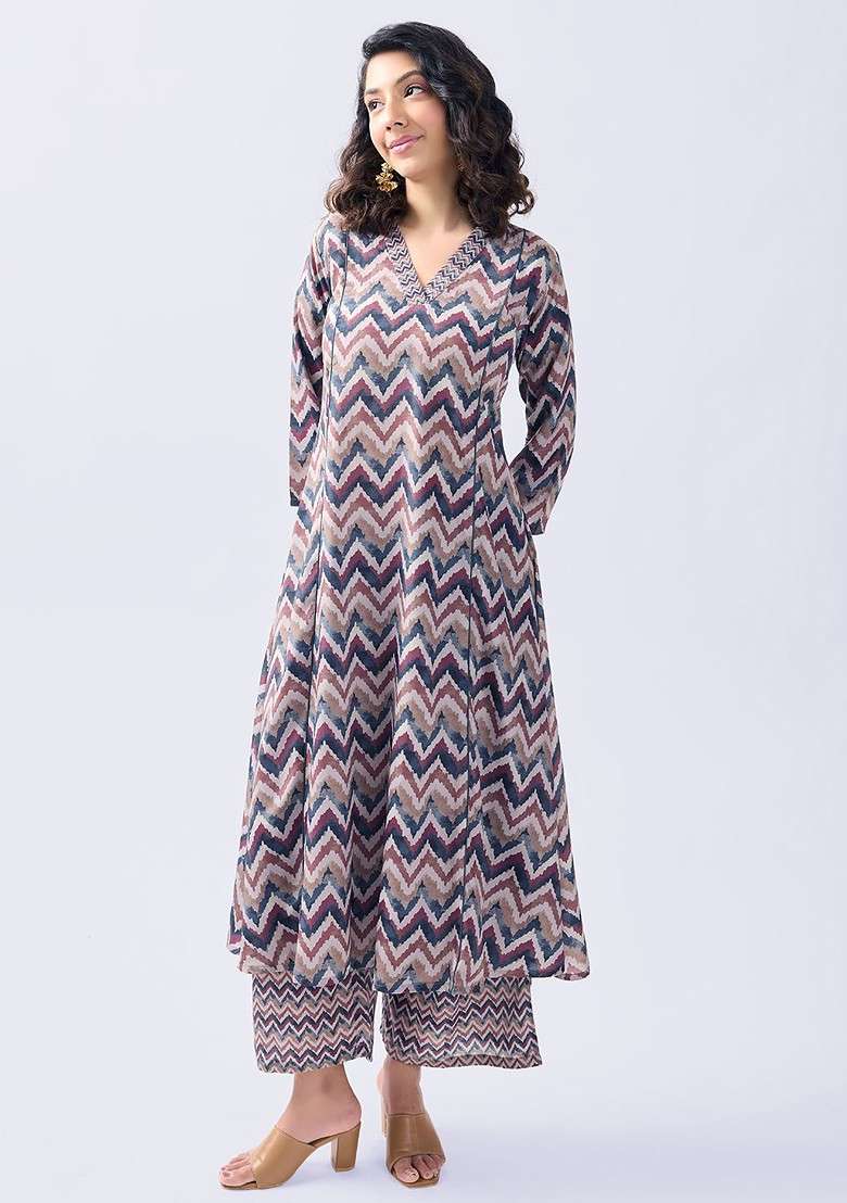 Grey Printed Vneck Cotton Tunic Top With Flared Palazzos Coords - Indya