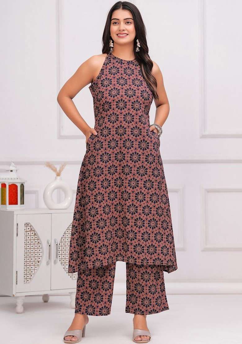Navy Blue Floral Printed Pure Cotton Tunic And Palazzo - Indya