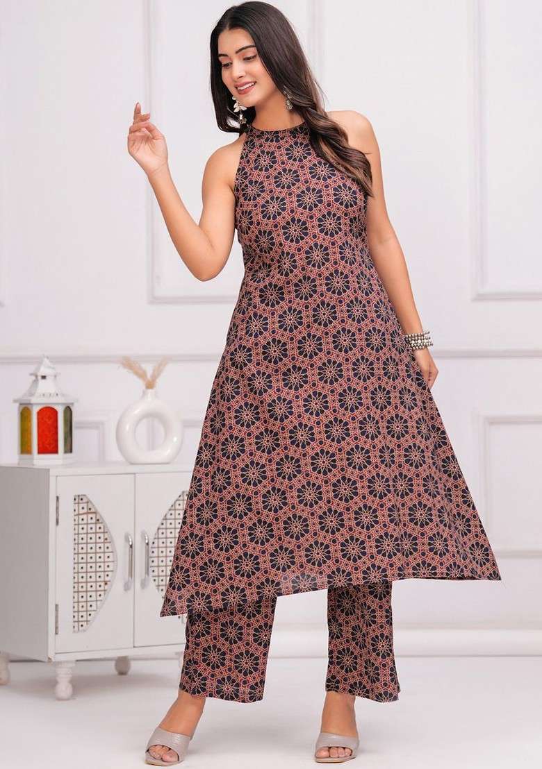 Navy Blue Floral Printed Pure Cotton Tunic And Palazzo - Indya