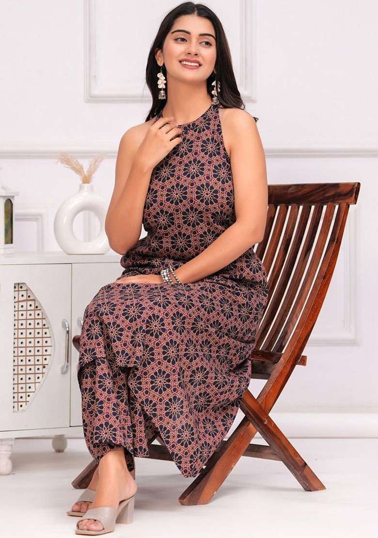 Navy Blue Floral Printed Pure Cotton Tunic And Palazzo - Indya