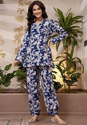 Blue Floral Printed Vneck Pure Cotton Tunic Ith Trousers