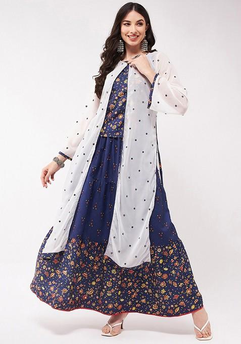 Navy Blue Floral Printed Top And Skirt With Jacket