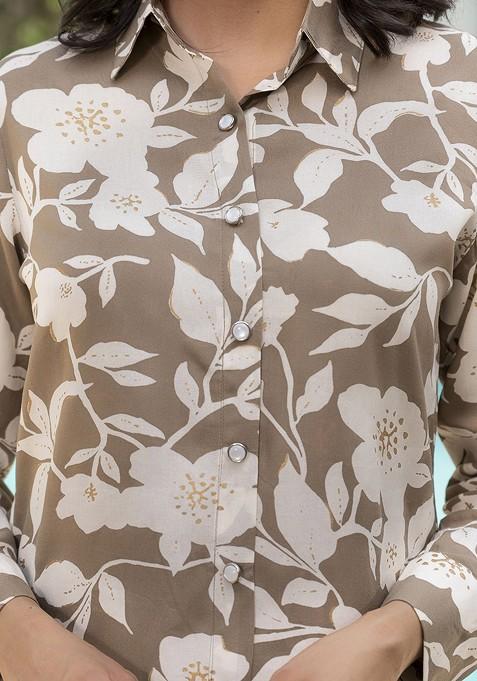 Grey Printed Long Sleeves Shirt With Trousers