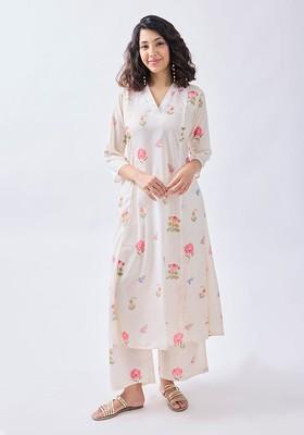 White Printed Vneck Tunic With Palazzo