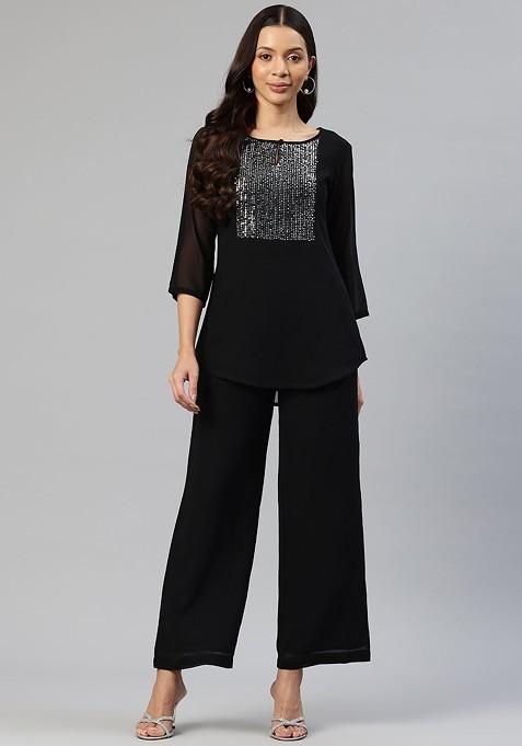 Black Embellished Yoke Design Top With Palazzos