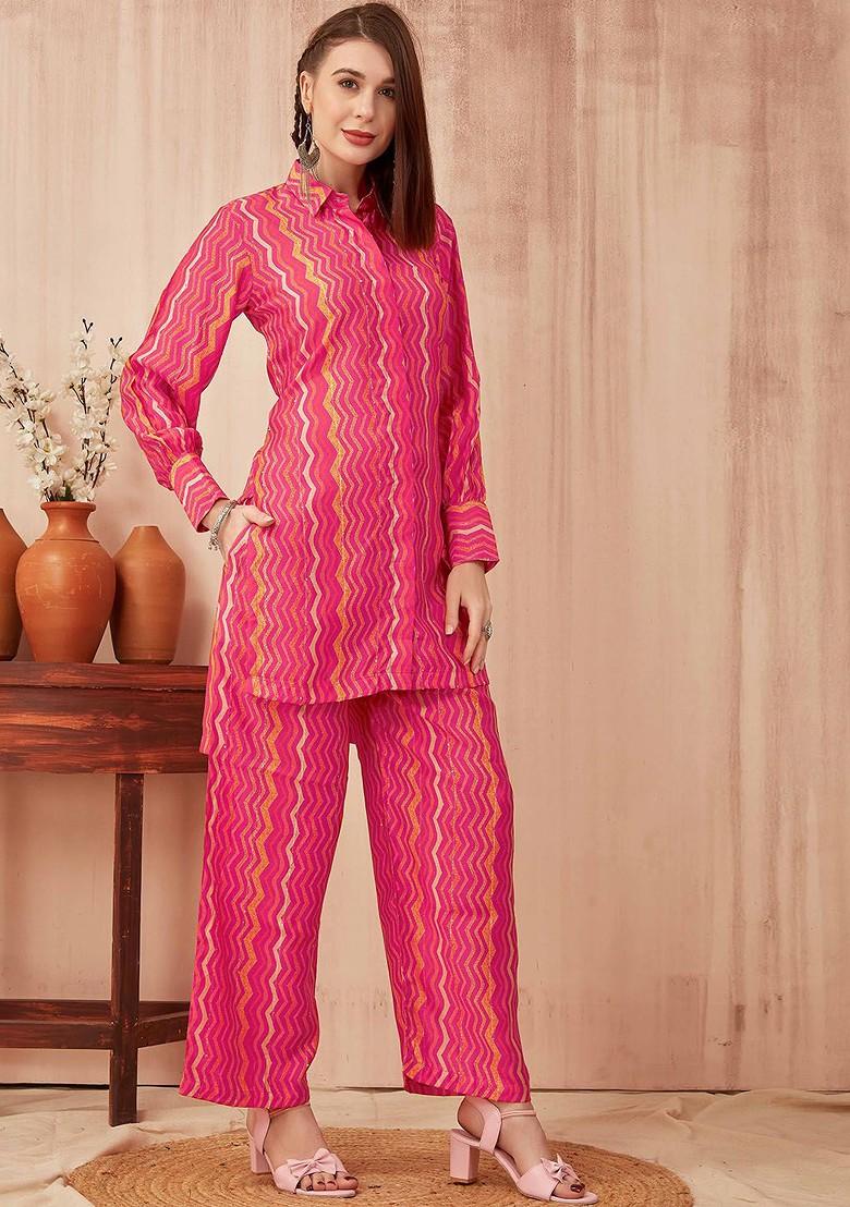 Pink Pink Printed Tunic And Trousers Set