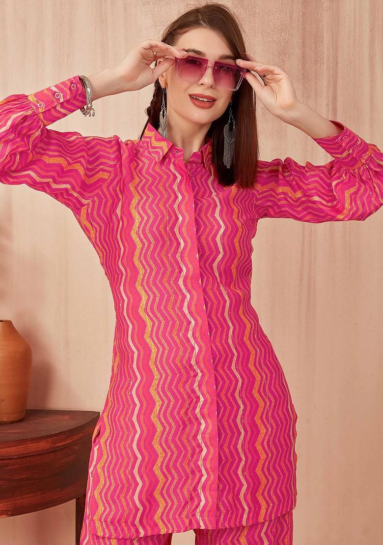 Pink Pink Printed Tunic And Trousers Set