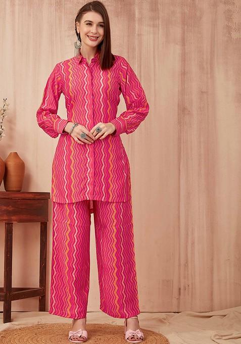 Pink Pink Printed Tunic And Trousers Set
