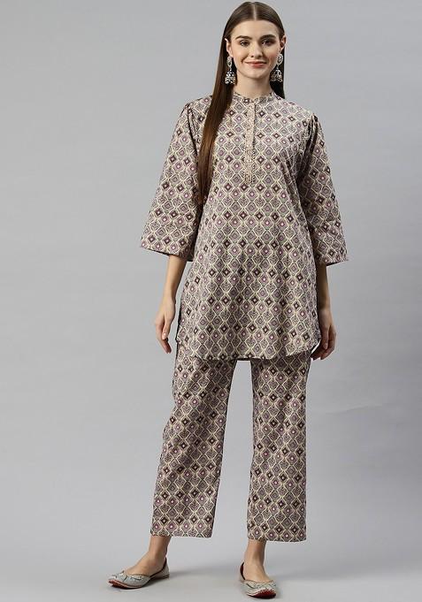 Green Women Printed Tunic With Palazzos — view on Indya
