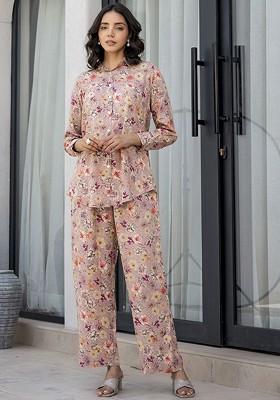 Purple Floral Printed Long Sleeves Shirt And Trouser