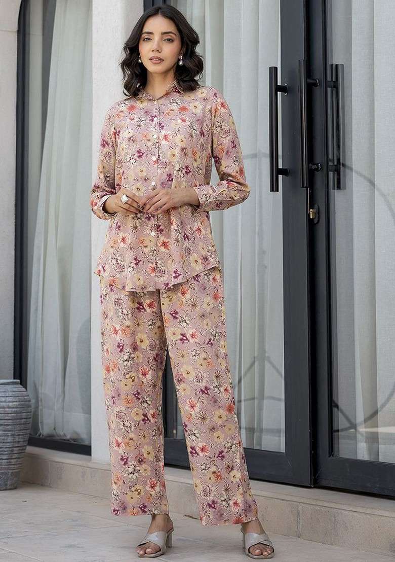 Purple Floral Printed Long Sleeves Shirt And Trouser - Indya