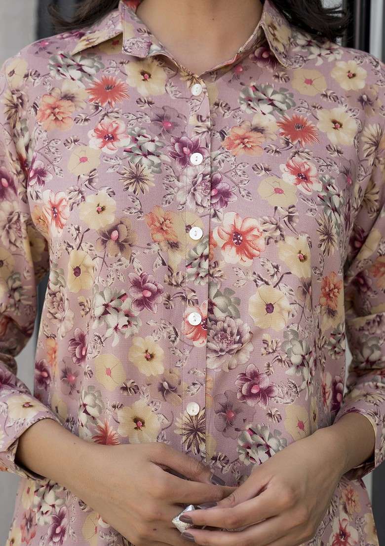 Purple Floral Printed Long Sleeves Shirt And Trouser - Indya