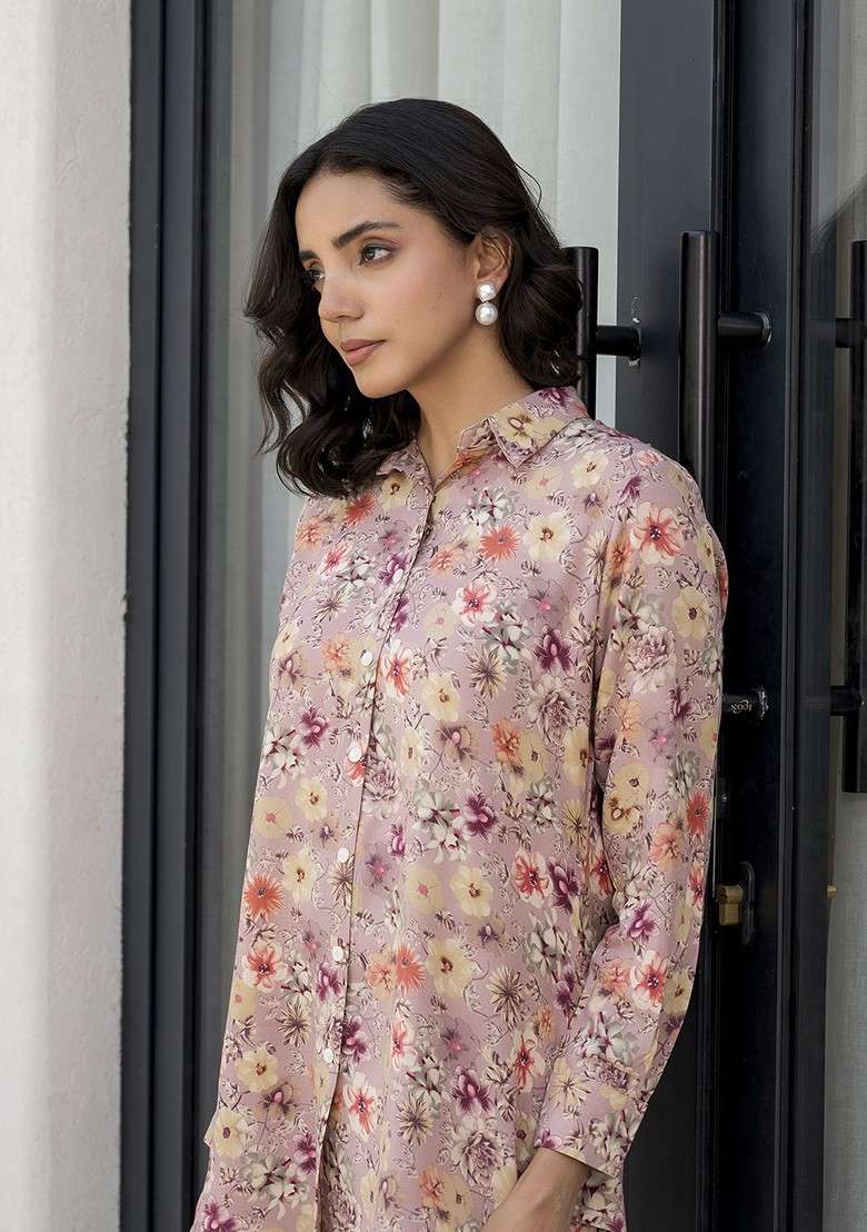 Purple Floral Printed Long Sleeves Shirt And Trouser - Indya
