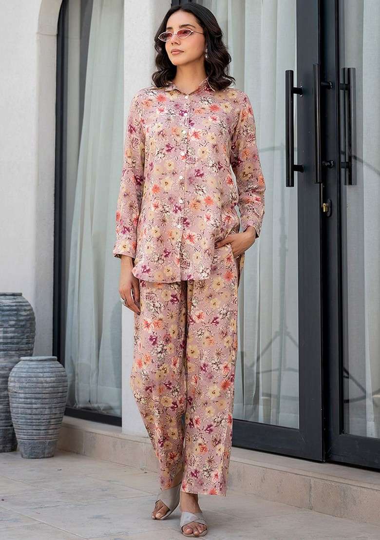 Purple Floral Printed Long Sleeves Shirt And Trouser - Indya