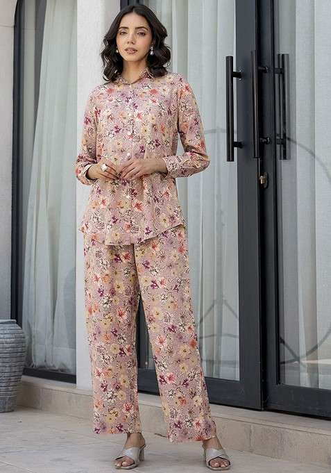 Purple Floral Printed Long Sleeves Shirt And Trouser