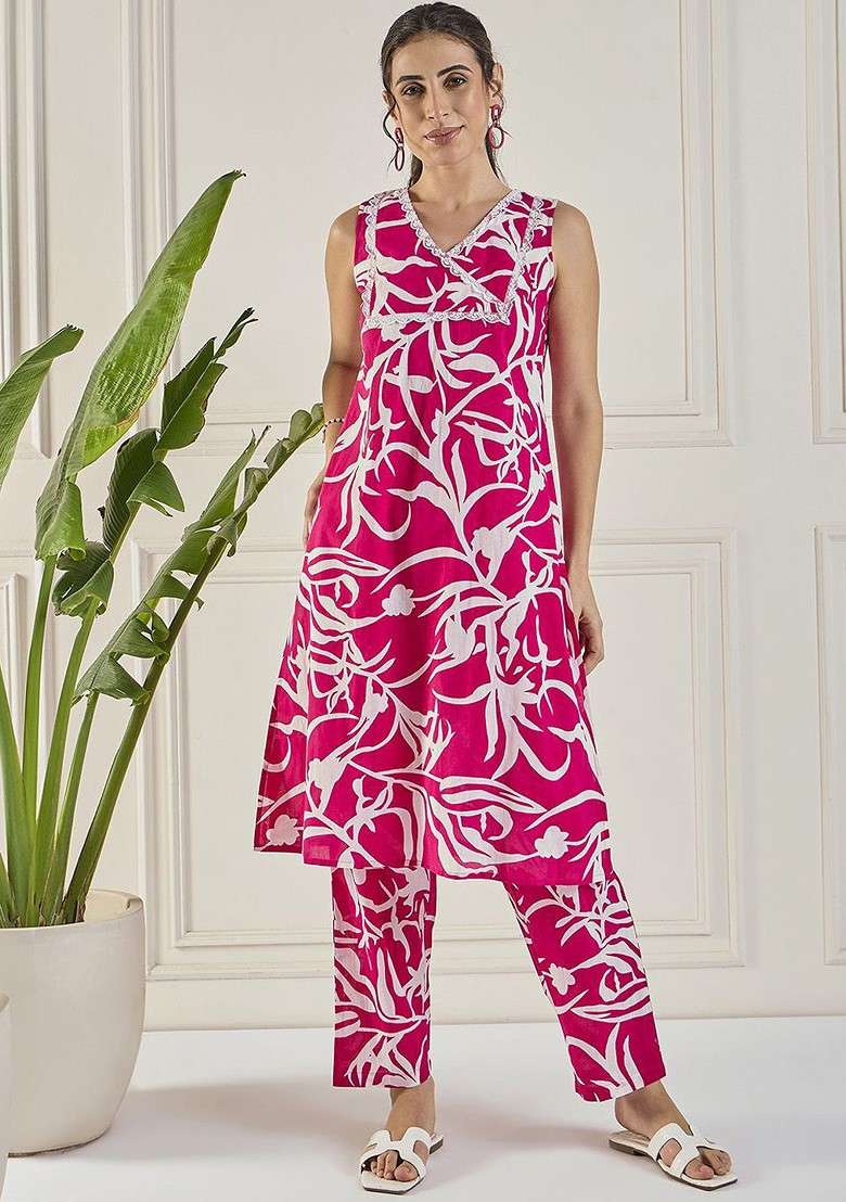Pink Floral Printed Lace Pure Cotton Tunic With Trousers - Indya