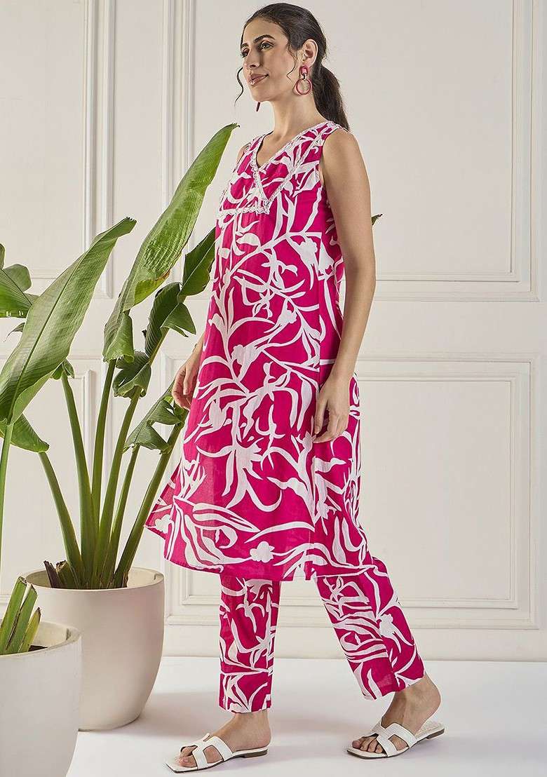 Pink Floral Printed Lace Pure Cotton Tunic With Trousers - Indya