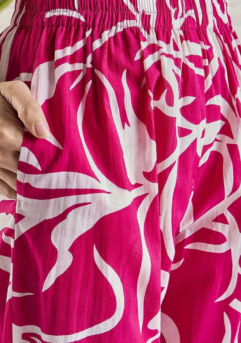 Pink Floral Printed Lace Pure Cotton Tunic With Trousers - Indya
