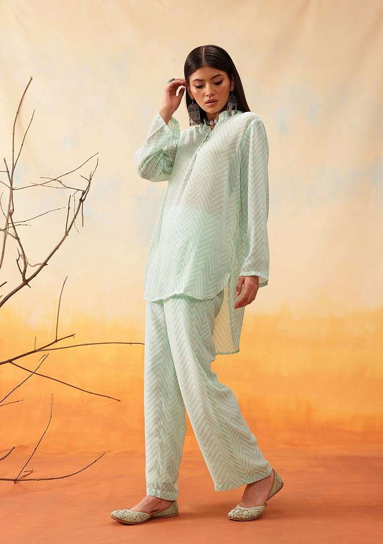 Green Striped Mandarin Collar Top With Trousers - Indya