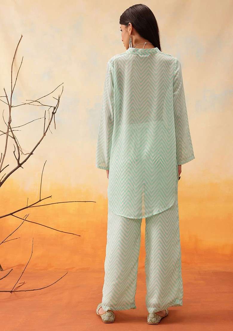 Green Striped Mandarin Collar Top With Trousers - Indya