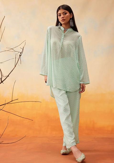 Green Striped Mandarin Collar Top With Trousers