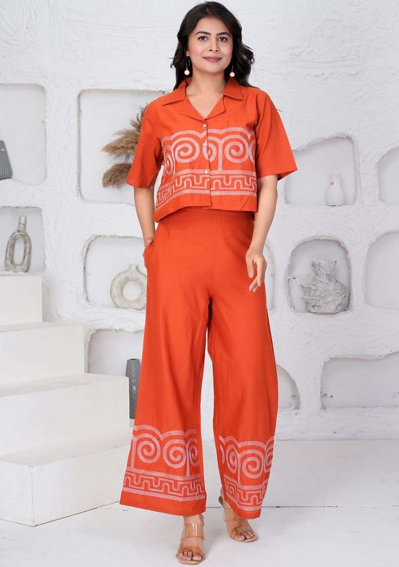 Orange Embroidered Pure Cotton Shirt Collar Neck Top And Palazzo Coords - Indya