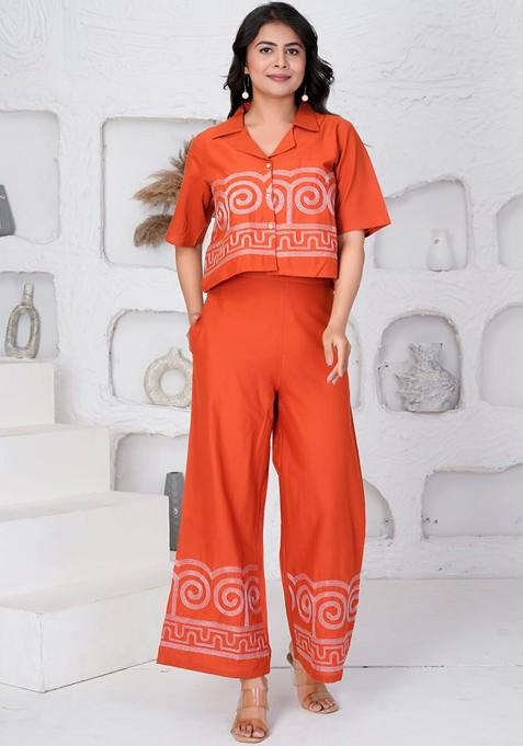 Orange Embroidered Pure Cotton Shirt Collar Neck Top And Palazzo Coords