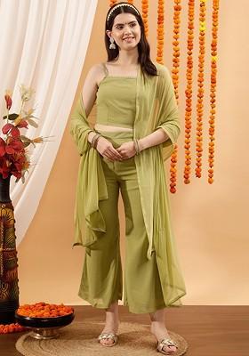 Green Embellished Crop Top And Palazzos Coord Set