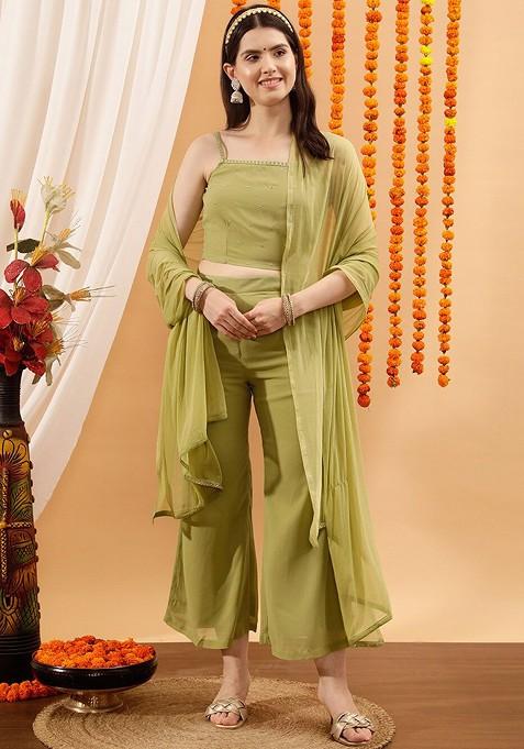 Green Embellished Crop Top And Palazzos Coord Set — view on Indya