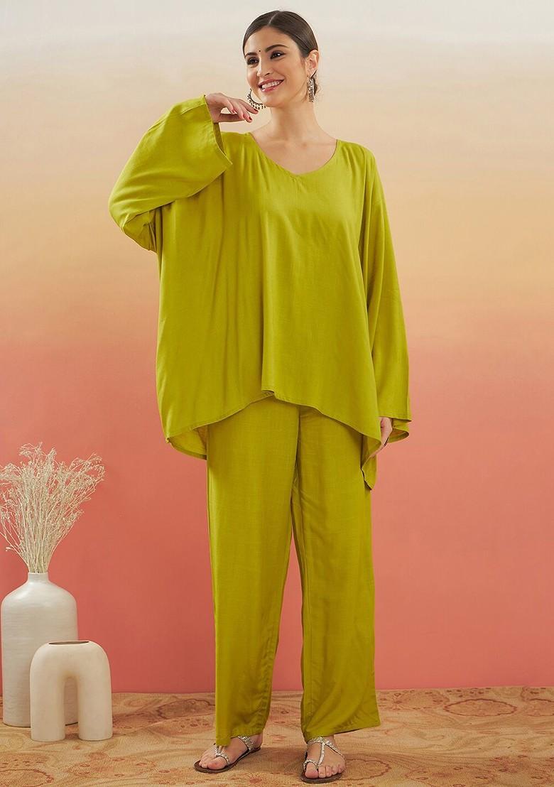 Green Vneck Long Sleeves Tunic With Trousers