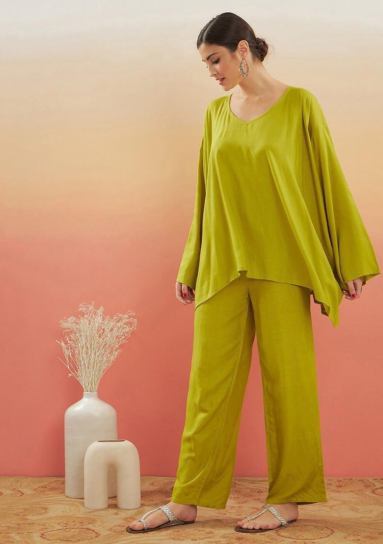 Green Vneck Long Sleeves Tunic With Trousers
