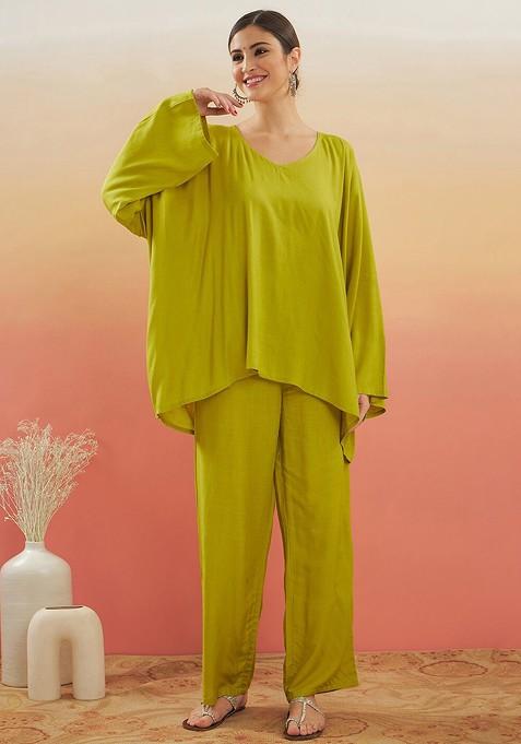 Green Vneck Long Sleeves Tunic With Trousers
