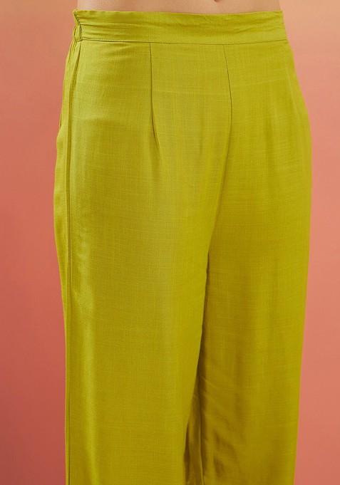 Green Vneck Long Sleeves Tunic With Trousers